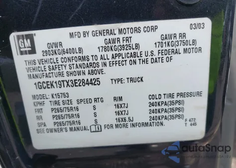 2003 Chevrolet Silverado 1500 Ls из США, поврежденный, VIN 1GCEK19TX3E284425